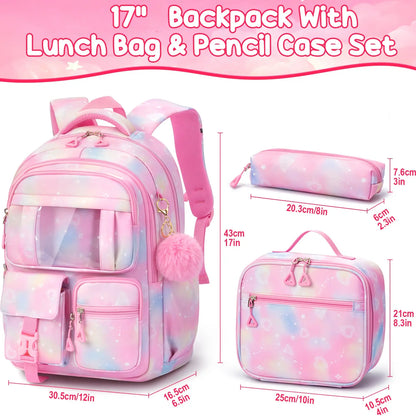 3PCS Waterproof Backpack Set for School – Oxford Cloth Bookbag with Lunch Box & Pencil Case for Elementary, Middle & High School, Back to School & Travel