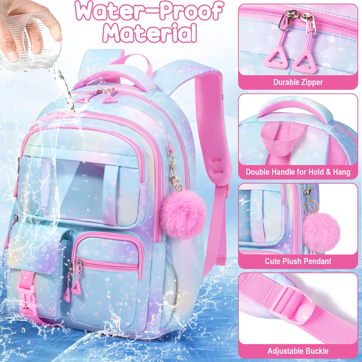 3PCS Waterproof Backpack Set for School – Oxford Cloth Bookbag with Lunch Box & Pencil Case for Elementary, Middle & High School, Back to School & Travel