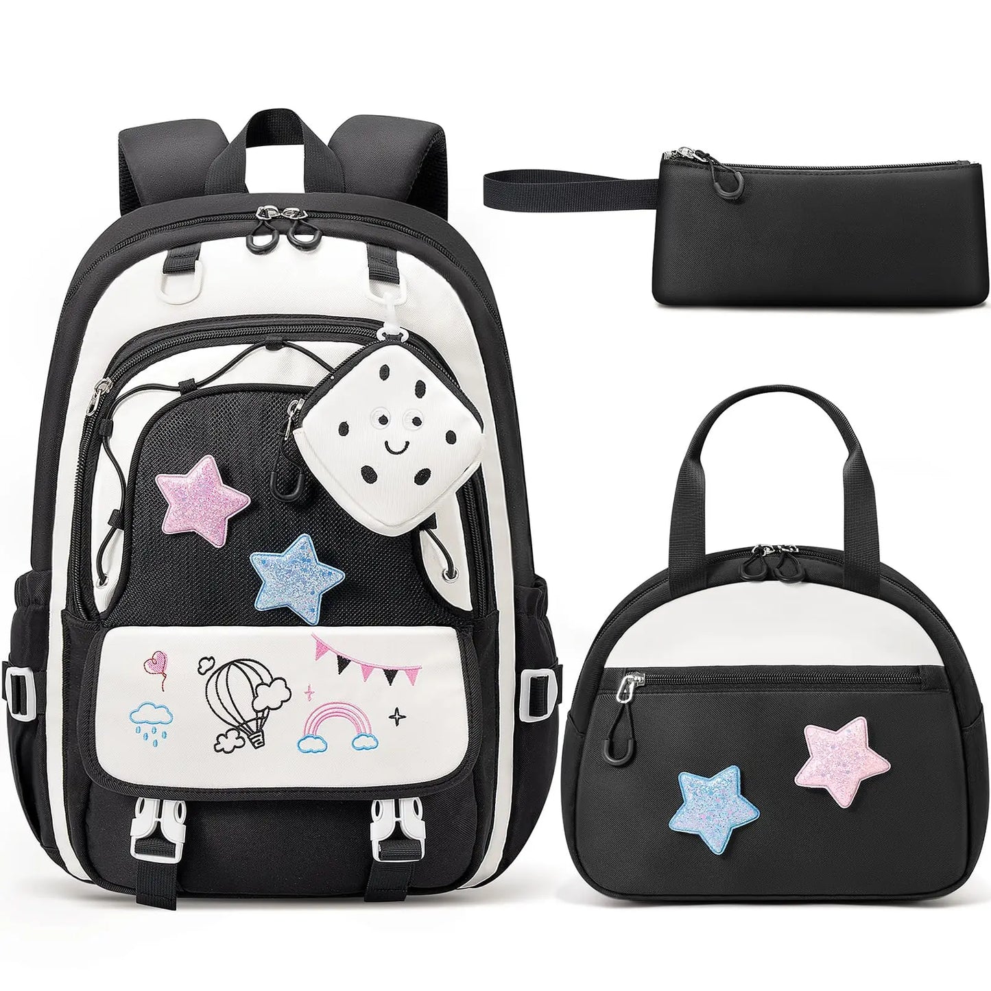 3PCS Waterproof Backpack Set for School – Oxford Cloth Bookbag with Lunch Box & Pencil Case for Elementary, Middle & High School, Back to School & Travel