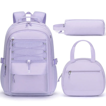 3PCS Waterproof Backpack Set for School – Oxford Cloth Bookbag with Lunch Box & Pencil Case for Elementary, Middle & High School, Back to School & Travel